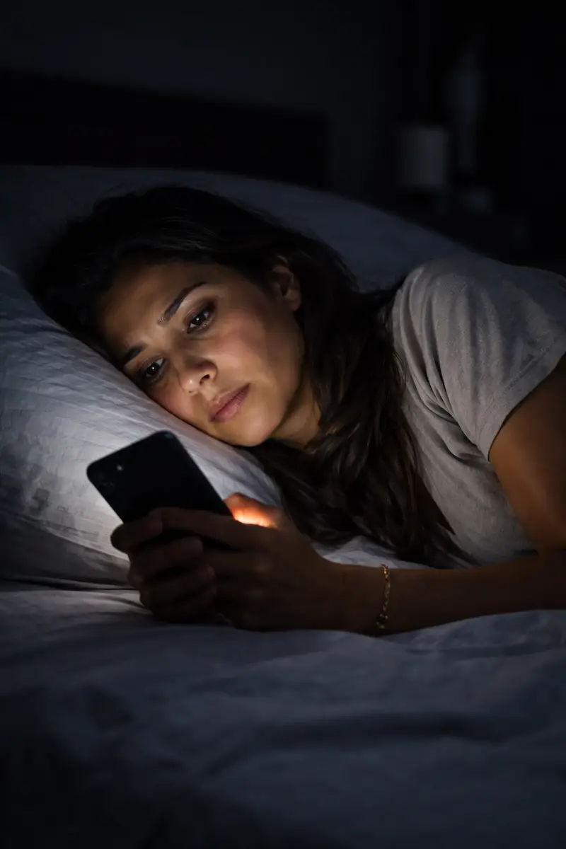 Mujer revisando celular de noche